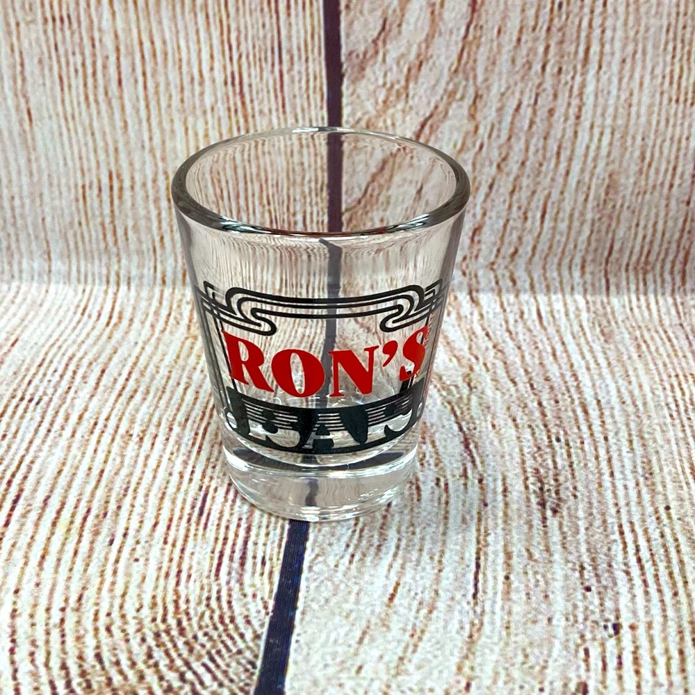 Shot Glass RON’S BAR Clear Red & Black